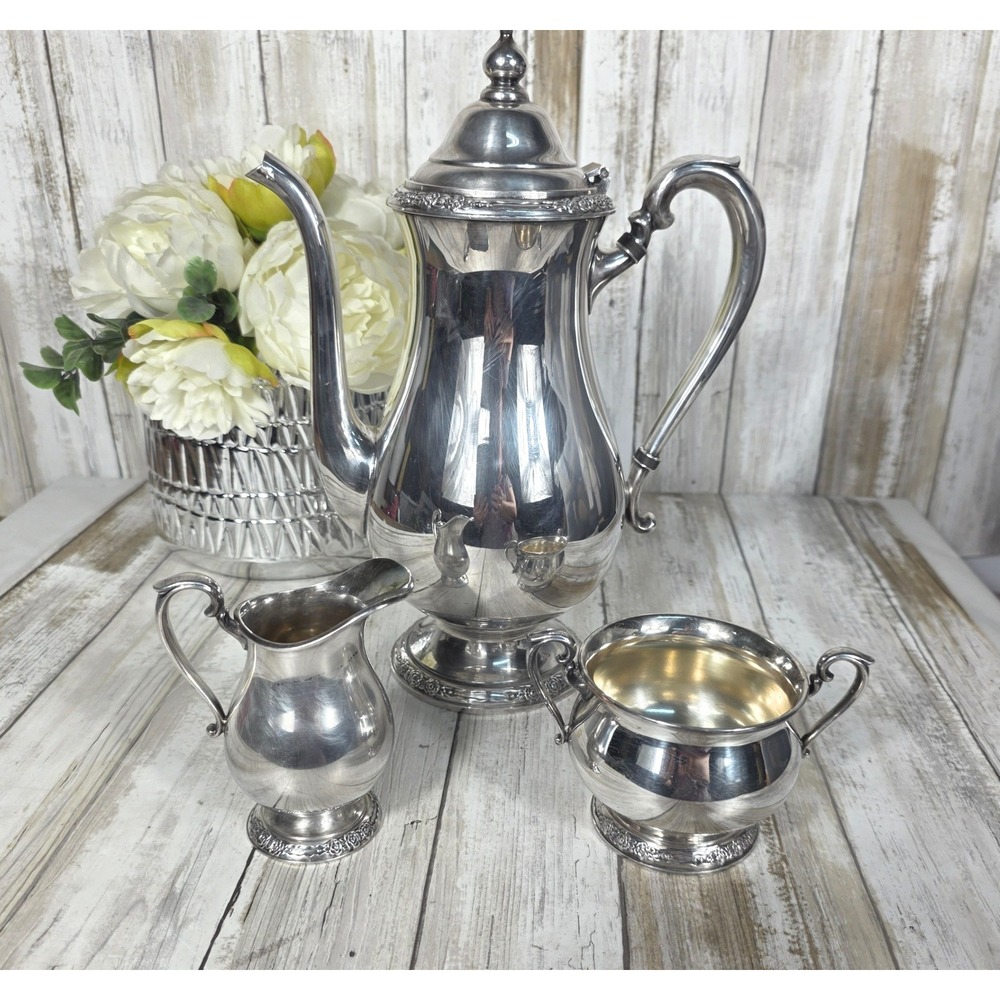 Vintage Silver Plated Coffee Pot Sugar Bowl and Creamer Set Floral Trim 3 Piece - Picture 2 of 16